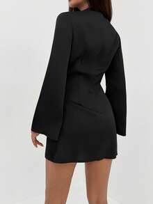 Aloruh Black Gold,Winter,Seksi Chic,Night Out Black Satin Minimalist Metal Decor Long Flare Sleeve Fitted Mini Dress,Elegant Party Office Outfit For Women - Black - View 9