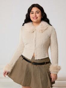 Solflare 2025 Nouvelle tenue de sortie décontractée pour l'automne/hiver, convient pour le quotidien, les fêtes, les trajets, le retour à l'école, les rendez-vous, la maison, les anniversaires et de multiples occasions. Peut être porté comme veste ou en couche. Décoration amovible de col en fourrure, tricot doux, décoration de boutons, couleur blé, manches longues, chaud et confortable, Top pour femmes grande taille