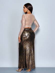 SOLERSUN Women's Elegant Brown And Gold Leopard Print Maxi Skirt,Metal Decor Waist Twist Slit High-End Metallic Texture,Autumn Hot Seductive Night Party - Black - View 2