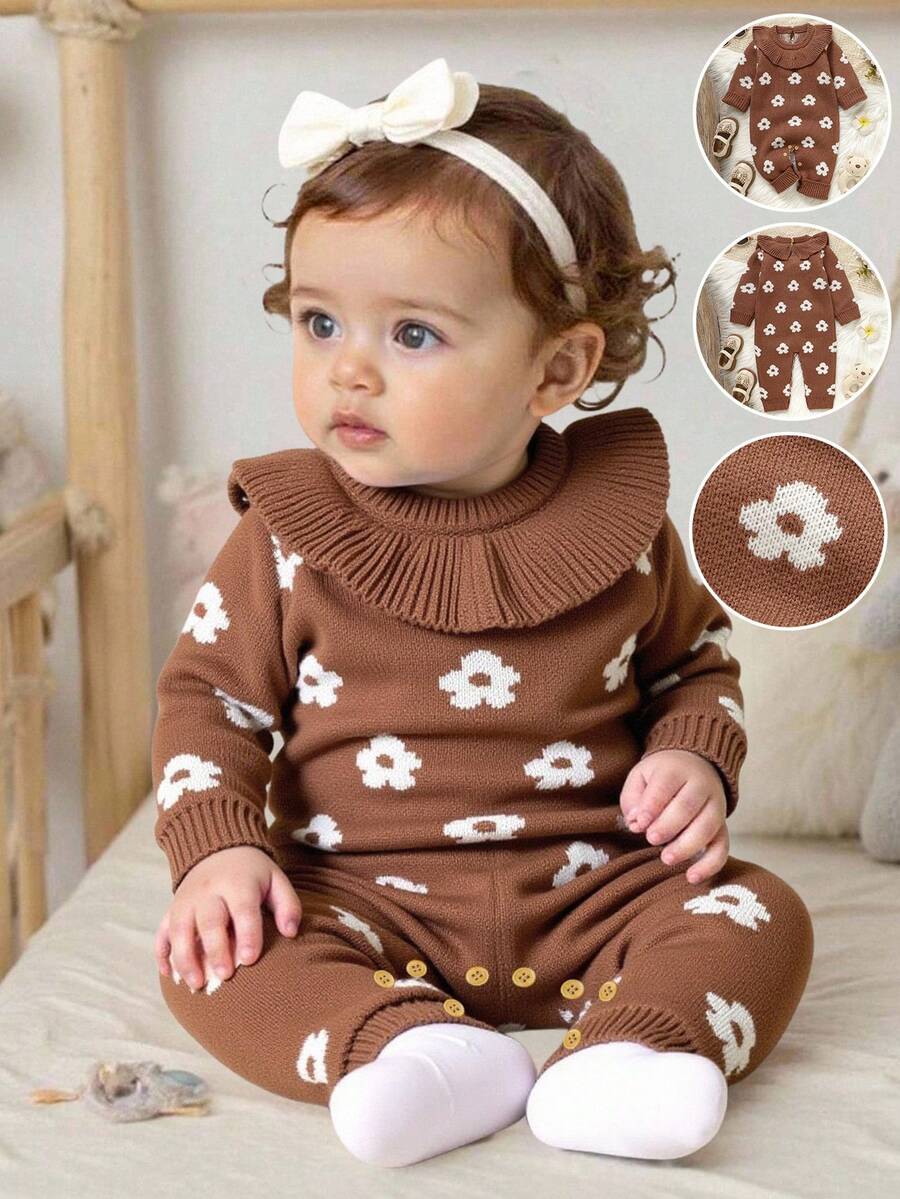 咖啡色婴儿荷叶边领哈衣+花卉提花长袖毛衣连体衣，甜美可爱爬行 - 咖啡棕 - 查看 1