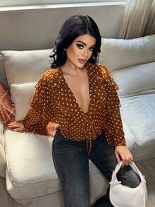 SHEIN SXY Fashionable Commuter Coffee Brown Polka Dot Ruffle Trim Shirt,Vacation,Brown ,Valentine's Day ,Going Out, Sexy Blouse For Women, Brown Blouse, Coffee Brown Top, Polka Dot Shirt, Pokadot Top - Coffee Brown - View 10