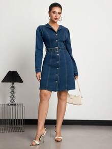 Elenzga Váy denim tay dài thắt eo màu trơn có túi - Rửa tối - Xem 3