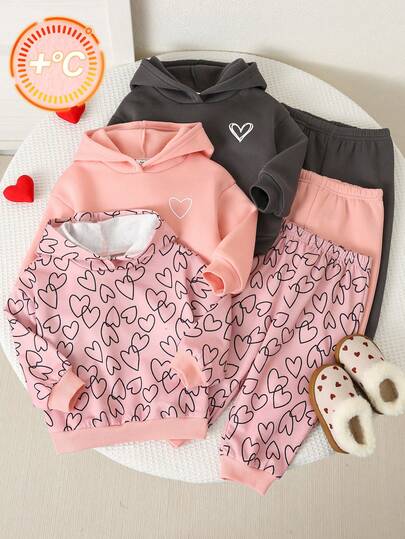 6件套女婴可爱纯色爱心图案连帽卫衣和松紧腰裤套装，春/秋/冬女婴冬季服装，女婴套装，女婴运动服，女婴休闲套装，女童服装套装