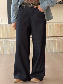 DAZY 少女拼接豹纹腰带口袋阔腿休闲牛仔裤 - 寶藍色 - 查看 7