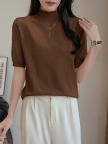 Women's Casual Solid Color Turtleneck Short Sleeve Knit Top, Autumn - Coffee Brown - View 6