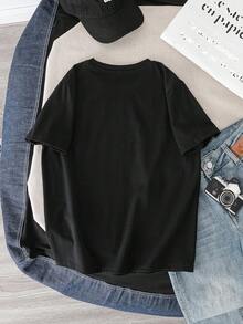 SpongeBob SquarePants | SHEIN 青少年男孩休闲卡通图案短袖T恤，适合夏季 - 黑色 - 查看 2