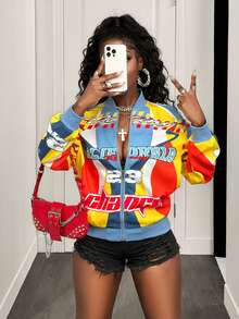 BamGleam Áo khoác bóng chày nữ dài tay in chữ, có khóa kéo, kiểu dáng thường ngày, áo khoác mùa đông nữ, áo mùa đông cho nữ, áo mùa đông cho nữ, áo mùa đông nữ, áo cho năm mới, áo khoác năm mới, áo khoác Y2K thường ngày, áo khoác tay dài nữ, áo khoác in họa tiết, áo khoác thời trang bán chạy, áo khoác đồ họa. - Màu xanh lam - Xem 7