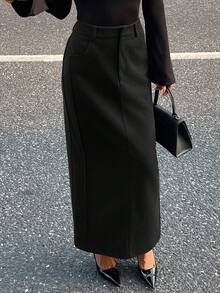 Livesso 女士休闲纯色直筒长裙，秋冬款 - 黑色 - 查看 4