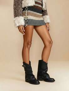 Daringsoles 时尚百搭休闲复古扣环中筒靴 - 黑色 - 查看 4