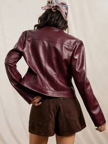 Easelle 女士纯色深咖啡色PU皮革拉链休闲夹克 - 酒紅色 - 查看 2