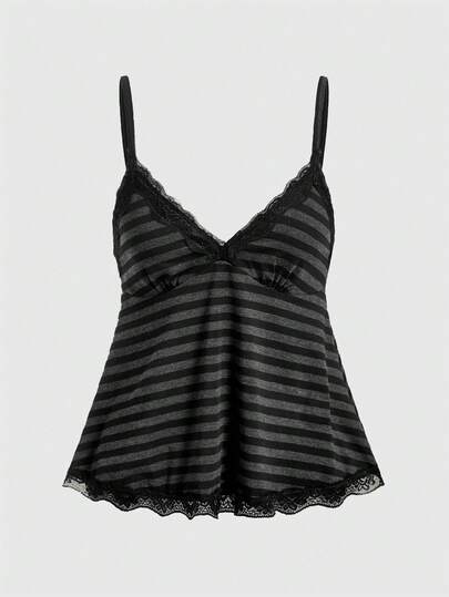 ROMWE Fairycore Striped Contrast Lace Cami Top