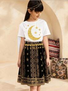 SHEIN Explorewe Tween Girls' Two Pieces Suit; Middle Eastern T-Shirt + Skirt Two Pieces Suit; Moon And Star Print, Simple And Versatile - Black - View 9