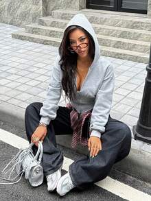 SHEIN EZwear Zip Up Asymmetrical Hem Crop Hoodie In Fall/Winter