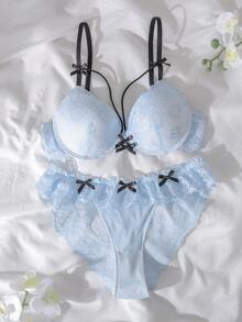 DelicateAllure 2件套钢圈模杯提拉丰满撞色蕾丝拼接荷叶边花卉蕾丝可爱清新舒适半罩杯文胸套装