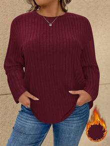 Vionelle 大码女式纯色圆领落肩长袖休闲罗纹T恤 - 酒紅色 - 查看 1