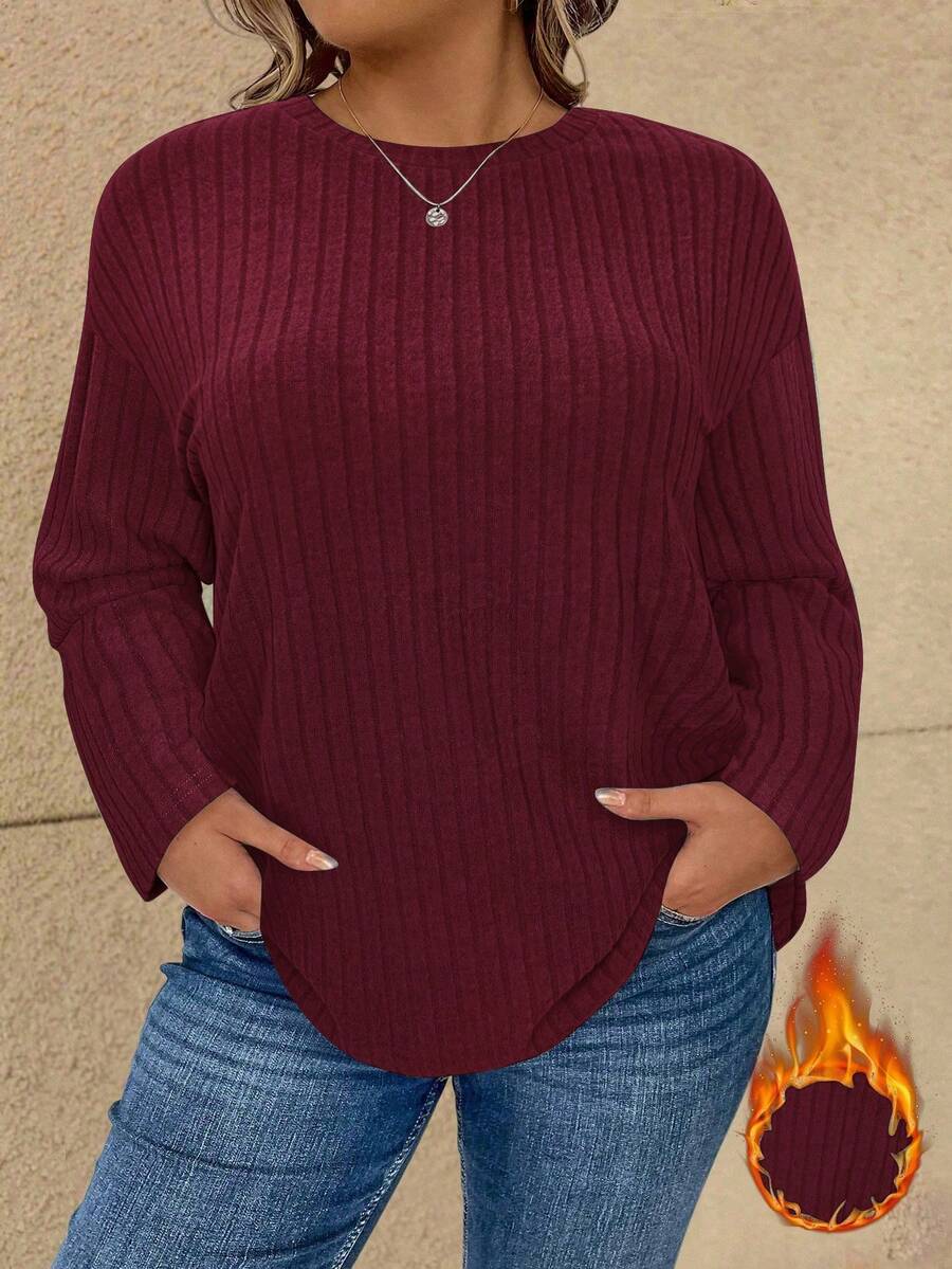 Vionelle 大码女式纯色圆领落肩长袖休闲罗纹T恤 - 酒紅色 - 查看 1