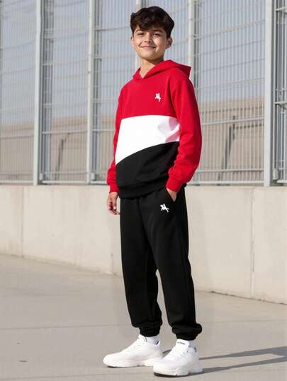 Vacaura 2pcs Teenage Patchwork Hoodie Sweatshirt & Drawstring Sweatpants Set, Casual Outfit For Daily Commute Hoodie And Sweatpants Set Teen Boy Hoodies Black And Red Hoodies And Pants 13 Yr Old 2 Piece Teen Boys Hoddie And Sweatpants