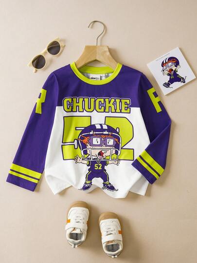 Nick 90s | SHEIN 小男孩卡通恰奇人物图案撞色运动风宽松长袖T恤