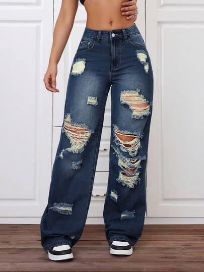 SHEIN ICON Plus Size Women's Street-Style Distressed Straight Leg Jeans, Summer