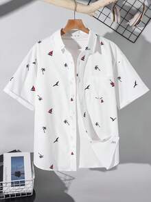 SHEIN Áo sơ mi ngắn tay màu trắng dành cho nam thiếu niên, in hình cây cọ nhiệt đới, thuyền và chấm bi, kiểu dáng giản dị, thoải mái, đa năng, phù hợp mặc hàng ngày, đi học, du lịch, lễ hội âm nhạc, tiệc tùng, kỳ nghỉ hè ở bãi biển. Áo sơ mi mùa hè, áo sơ mi in họa tiết nhiệt đới, áo sơ mi đi biển, áo sơ mi nam thường ngày. - trắng - Xem 6
