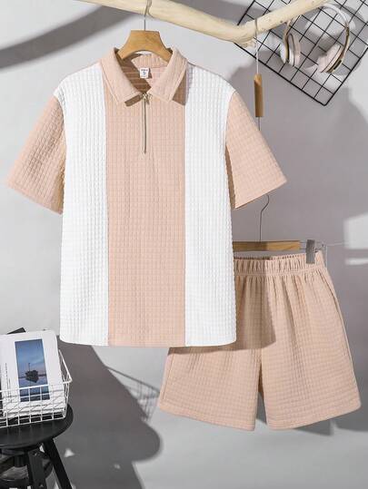 SHEIN Teen Boys' Casual Patchwork Contrast Color Polo Collar Short Sleeve T-Shirt And Shorts Set, Comfortable, Fashionable, Versatile, Soft Fabric, Suitable For Daily Wear, School, Outings, Simple, Holidays, Beach Vacation