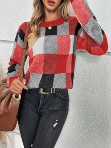EMERY ROSE 女士圆领格子条纹宽松休闲套头毛衣 - 紅色 - 查看 6