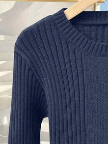 Franclia Women's Autumn Elegant Navy Blue Knitted Sweater Two-Piece Set,Long Sleeve Ruffled Hem Pullover&Elastic Waist Trousers,Commuter Brunch Business Outfit - Multicolor - View 5