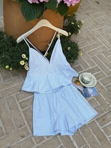 Women's Casual Blue Knitted Camisole And Shorts Set, Brand - 淺藍色 - 查看 3
