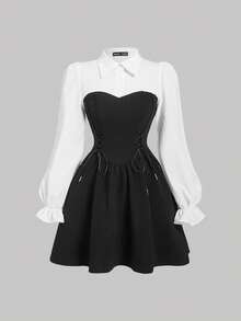 SHEIN MOD Váy dài tay bèo nhún viền buộc màu đen trắng cho nữ, Váy ngày lễ, Trang phục năm mới, Năm mới, Váy dự tiệc Valentine, Váy sơ mi tặng quà, Quần áo mùa đông cho nữ - Đen và trắng - Xem 1