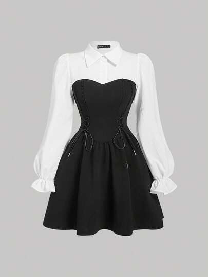 SHEIN MOD 女士黑白撞色系带荷叶边长袖连衣裙，节日连衣裙，新年装扮，新年，情人节派对连衣裙，赠送衬衫裙，冬季女装