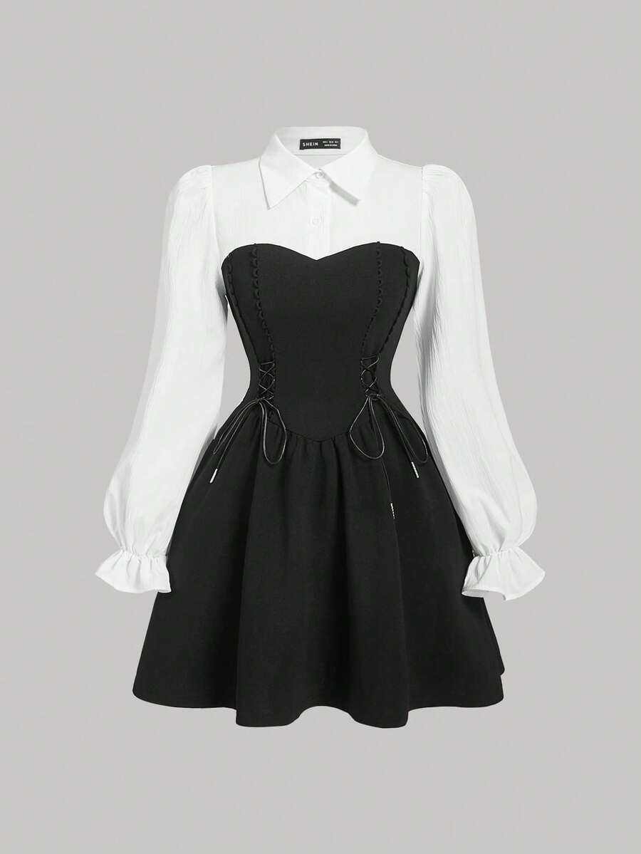 SHEIN MOD Váy dài tay bèo nhún viền buộc màu đen trắng cho nữ, Váy ngày lễ, Trang phục năm mới, Năm mới, Váy dự tiệc Valentine, Váy sơ mi tặng quà, Quần áo mùa đông cho nữ - Đen và trắng - Xem 1