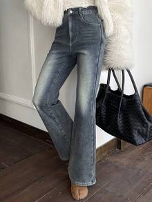 DAZY 女士喇叭形保暖内衬牛仔裤，秋冬季 Y2K 款式 - 藍色 - 查看 4