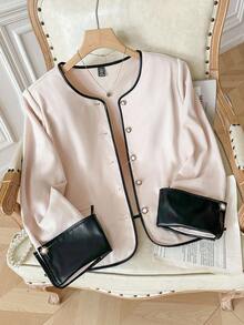 Modelyn Chaqueta elegante y versátil de talla grande con cuello redondo, manga larga, botones delanteros y ribete de color block