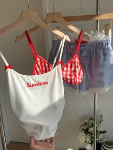 Comfortcana Women's Letter Print Camisole, Plaid Bra, And Striped Shorts Casual Outfit Set Gingham Set Summer Clothes Set - Multicolor - View 7