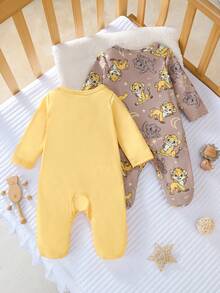 新生儿睡衣 - 两件套睡衣，活泼狮子印花连体衣，长袖圆领，按扣闭合，长裤，黄色棕色男女通用四季假日2026必备系列 - 彩色 - 查看 2