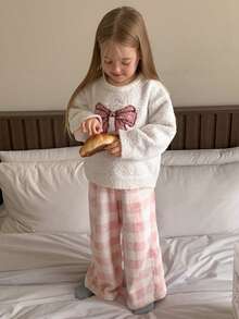 DAZY 女童蝴蝶结提花长袖上衣和格子裤睡衣套装 - 粉色 - 查看 6