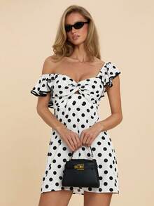 COSMINA 女士优雅波点扭结荷叶边迷你连衣裙，适合约会、度假、通勤等各种场合。 - 黑與白 - 查看 5