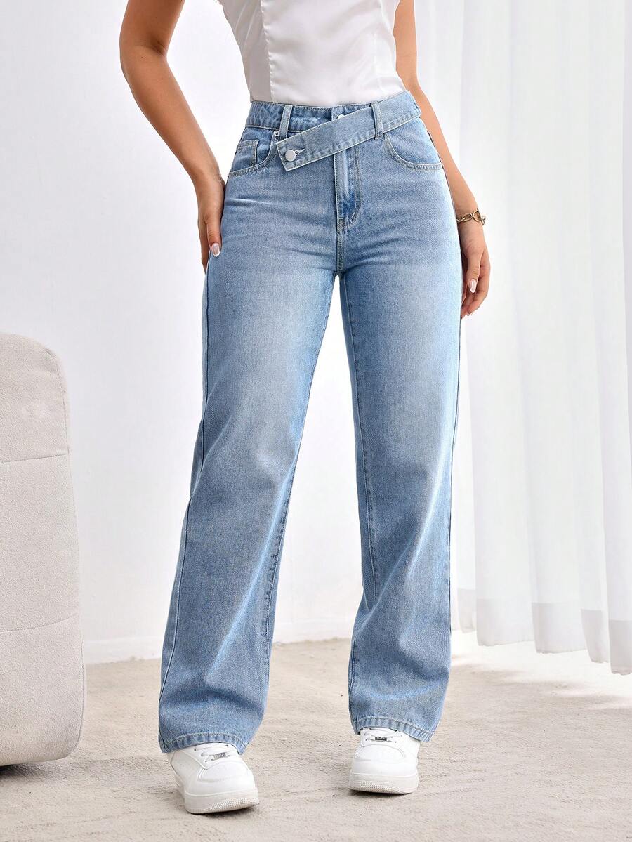 EMERY ROSE 女式不对称腰带口袋直腿宽松休闲牛仔裤 - 淺色水洗藍 - 查看 1