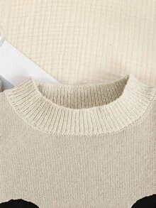 SHEIN Tween Girls' Apricot Cute Casual Contrast Black Butterfly Round Neck Long Sleeve Cropped Sweater Top, Suitable For Spring, Autumn, Winter, Clean Girl Style, Chinese New Year, Valentine's Day - Apricot - View 6