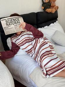 Dream Adore Chemise de nuit ample à manches longues avec encolure en V, rayures décontractées, épaules tombantes pour femmes. Robe de nuit d'hiver, Moo Moo