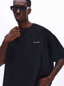 SUMWON Oversized Boxy Fit Cotton T-Shirt With Back Graphic Print Crew Neck Short Sleeves Casual Streetwear Top - Black - View 6