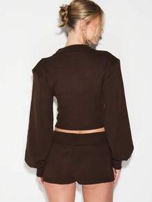 KIZN Ribbed Knit Button Up Cropped Cardigan With Collared Neckline Long Sleeve Cinched Waist Fall Winter Cozy Knitted Top - Brown - View 2