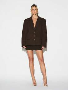 KIZN Oversized Wide Shoulder Lapel Blazer With Button Closure And Hip Length Silhouette For Fall Winter Business Casual Office Professional Formal Wear - Brown - View 3