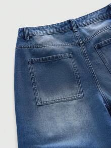 ROMWE MEN Street Life Men's Straight Leg Figure Print Distressed Wide Leg Jeans - Blue - View 6