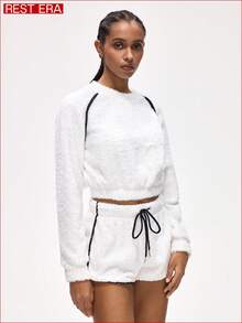 Rest Era Women's Raglan Sleeve Fluffy Top And Drawstring Waist Shorts Lounge Set, Winter Clothes - White - View 5