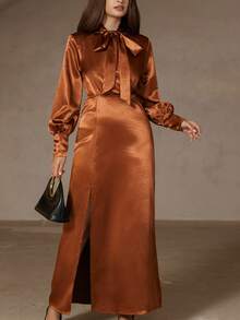 Chiquease Rust Brown Autumn Elegant Wedding Guest Women Satin-Feel Padded Shoulder Deep V-Neck Cinched Waist Slit Hem Metal Buckle Long Sleeve Maxi Shirt Dress - Brown - View 5