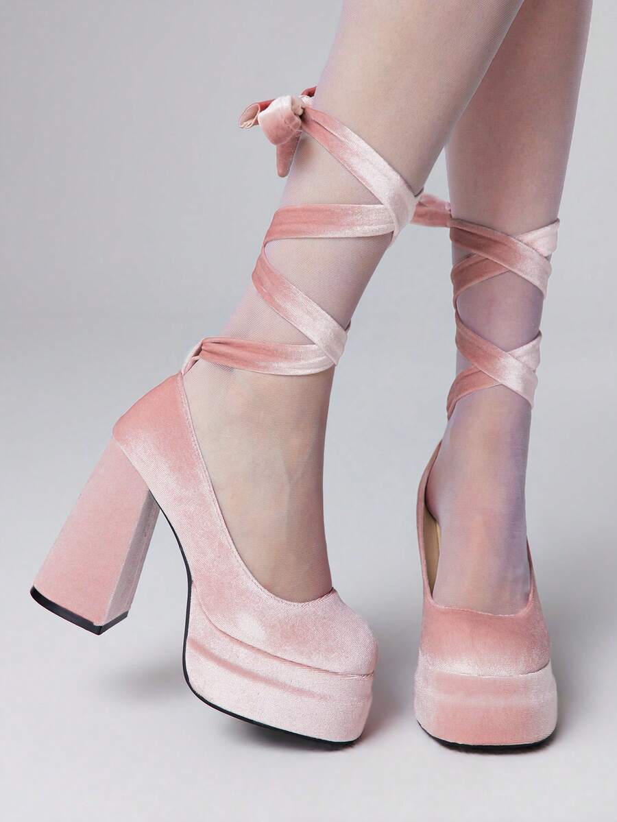 ROMWE 女士厚底时尚搭扣高跟鞋，适合派对场合 - 粉色 - 查看 1