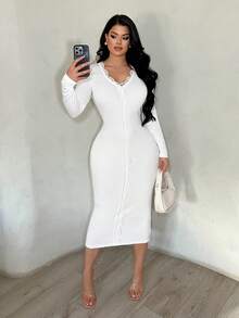 SHEIN SXY 女士优雅纯色蕾丝边修身连衣裙 - 黑色 - 查看 5