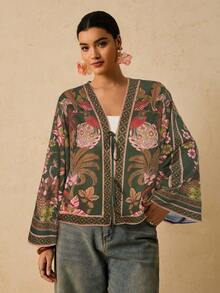 Travachic Plus Size Autumn Vacation Plant Print Front Tie Shirt