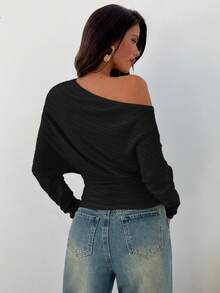 Aloruh Áo crop top dáng ôm, màu trơn tối giản, cổ bẻ, không đối xứng, thoải mái khi đi làm cho nữ, mùa xuân/thu - màu đen - Xem 2